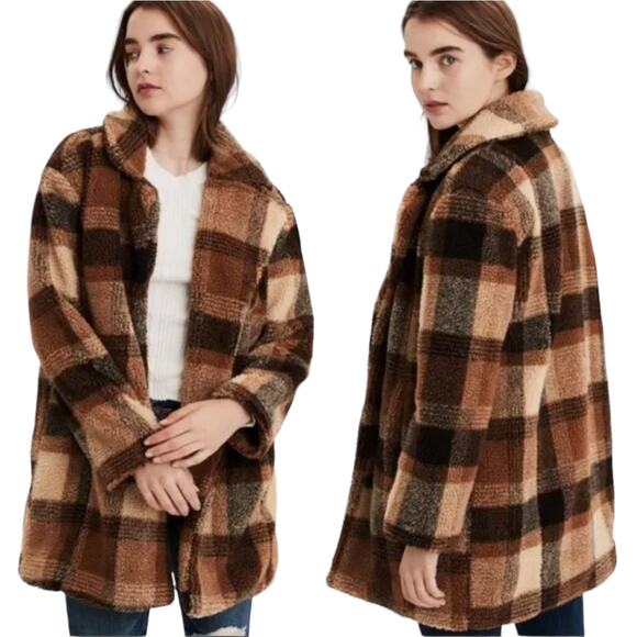 American Eagle Outfitters Brown Plaid Sherpa Teddy Coat Pockets Size Large - Picture 1 of 10